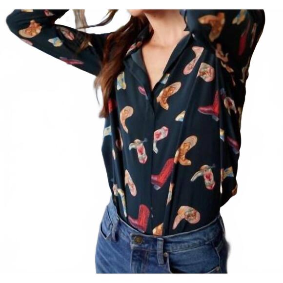 NEW CATHERINE GEE daria french cuff silk blouse in navy- multi boots